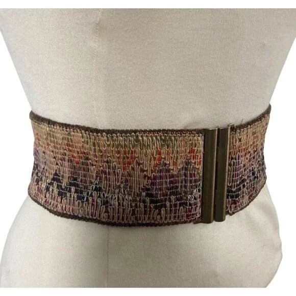 Vintage J Crew Woven Multicolor Stretch Cinch Belt Small Brass Clasp Boho - Picture 2 of 8